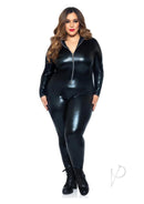 Leg Avenue Lame Zipper Front Cat Suit 1X/2X Black on model, featuring a sleek black lamé fabric and full front zipper.