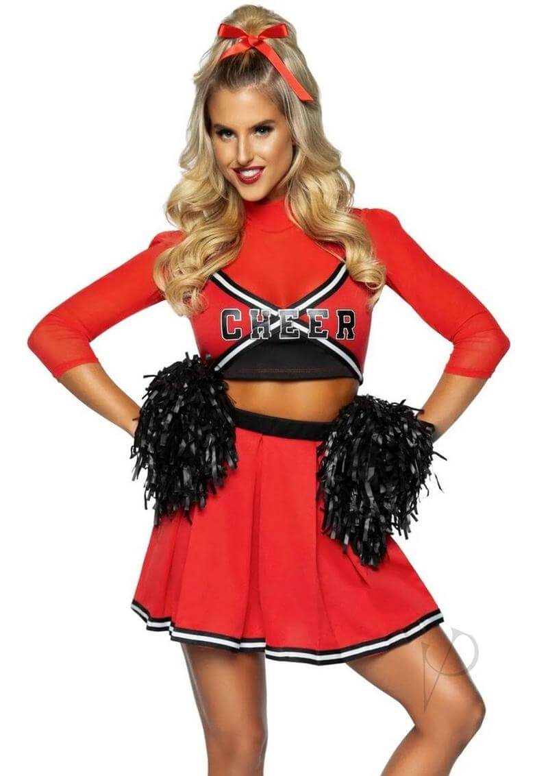 Leg Avenue Varsity Babe Cheerleader Costume Red Medium Large model wearing a flirty cheerleader outfit with pom poms.
