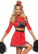 Leg Avenue Varsity Babe Cheerleader Costume Red Medium Large worn by a smiling model with pom poms.