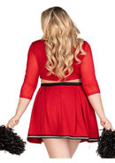 Model wearing Leg Avenue Varsity Babe Cheerleader Costume 1X/2X Red with pom poms, showcasing a flirty skirt and cropped top.