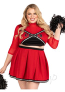 Leg Avenue Varsity Babe Cheerleader Costume 3X/4X Red worn by model, featuring a crop top and pleated skirt with pom poms.