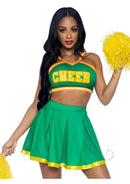Leg Avenue Bring It Baddie 3 Piece Cheer Costume M/L Green featuring a cheer top and pleated skirt with pom pom.