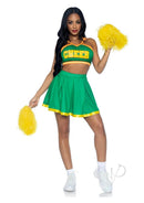Leg Avenue Bring It Baddie 3 Piece Cheer Costume M/L Green with cheer top, pleated skirt, and pom pom.