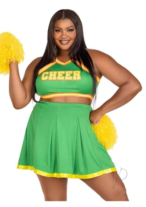 Leg Avenue Bring It Baddie Costume 3 Pc Cheerleader Set 1X 2X model wearing green cheerleader outfit with pom poms