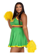 Leg Avenue Bring It Baddie Costume 3 Pc Cheerleader Set 1X 2X model wearing a vibrant green cheerleader outfit with pom poms.