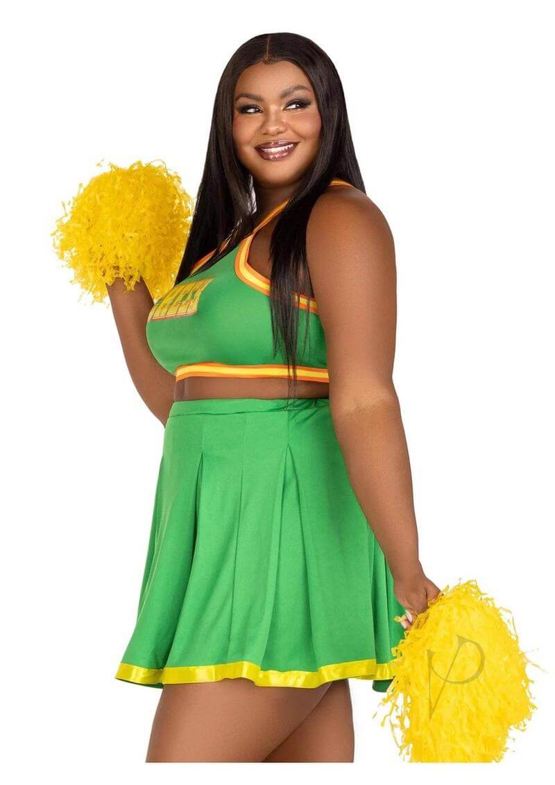 Leg Avenue Bring It Baddie Costume 3 Pc Cheerleader Set 1X 2X model wearing a vibrant green cheerleader outfit with pom poms.