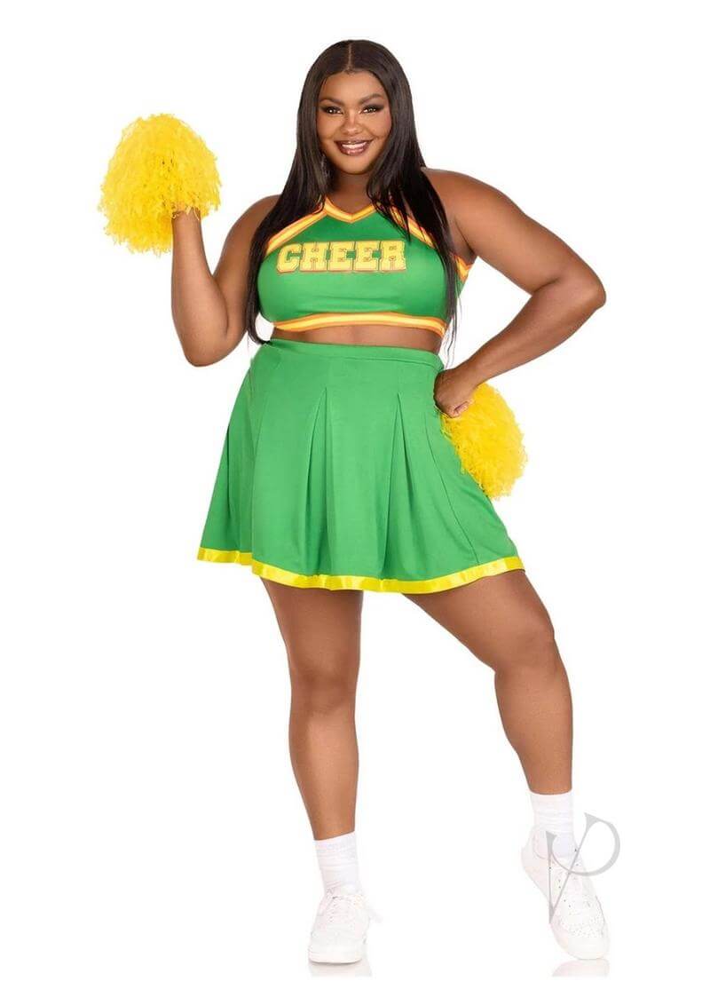 Leg Avenue Bring It Baddie Costume 3 Pc Cheerleader Set 1X 2X shown on a model in a vibrant green outfit.