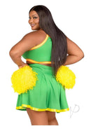 Leg Avenue Bring It Baddie 3 Piece Cheer Costume 3X/4X Green worn by a smiling model posing with yellow pom poms.