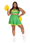 Leg Avenue Bring It Baddie 3 Piece Cheer Costume 3X/4X Green with pom poms and cheer logo.