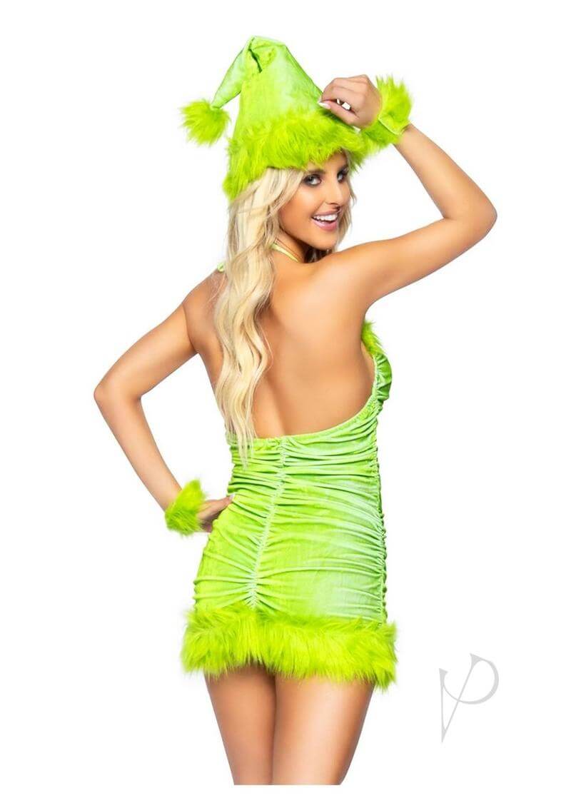 Leg Avenue Christmas Baddie Set 3 Piece XSmall Green showcasing a playful holiday outfit with ruched design and fur trim.