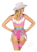 Leg Avenue Space Cowgirl Costume 4 Piece Set Medium showcasing a back view of a pink costume with metallic fringe.