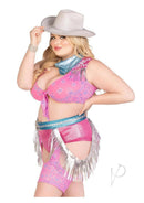 Leg Avenue Space Cowgirl 4 Piece Costume 1X/2X Multicolor model wearing a pink crop top and shorts with a cowboy hat.