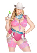 Leg Avenue Space Cowgirl 4 Piece Costume 3X/4X Multicolor styled with fringe, hat, and playful accessories for festive occasions.