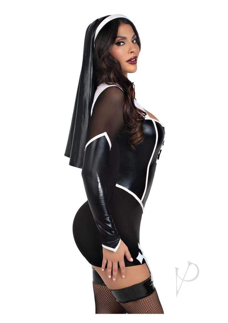 Leg Avenue Holy Hottie Nun Costume 2 Piece X Small featuring a sultry model in a black dress and veil.