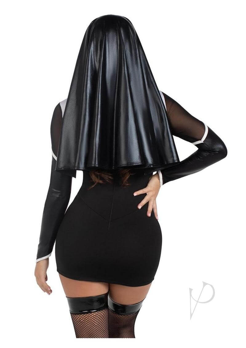 Back view of a model wearing the Leg Avenue Holy Hottie Nun Costume 2 Piece X Small with a glossy black hood.