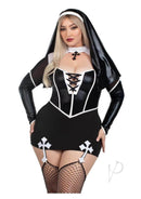Plus size model in Leg Avenue Holy Hottie Nun Costume 3X/4X with a sexy boned garter dress, cross accents, and nun's habit for Halloween.