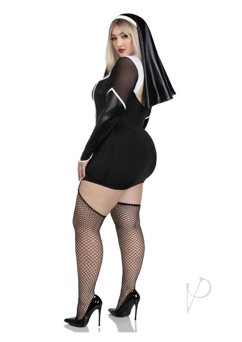 Plus size woman in a sexy nun costume featuring a black boned garter dress, fishnet stockings, and nun's habit.