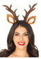 Fawn ear antler headband on a smiling woman, featuring realistic antlers and speckled ears for festive costumes.