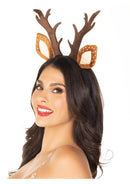Woman wearing a charming fawn ear antler headband with realistic antlers and speckled ears. Perfect for costume parties.
