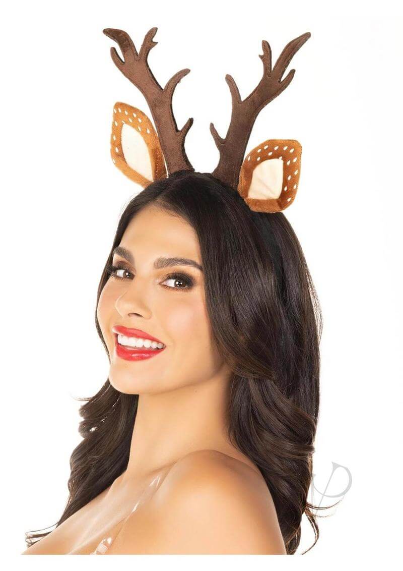 Woman wearing a charming fawn ear antler headband with realistic antlers and speckled ears. Perfect for costume parties.
