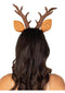 Fawn ear and antler headband on a model's head, featuring brown antlers and speckled ears for a cute costume accessory.