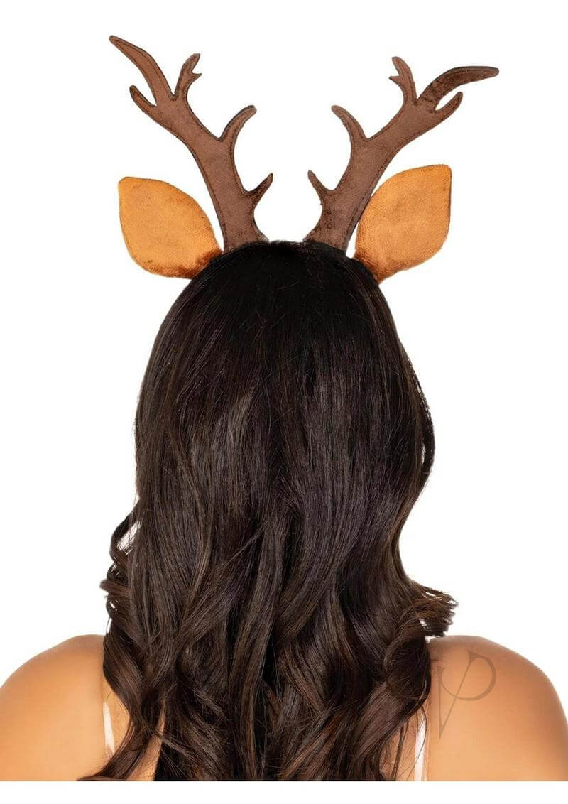 Fawn ear and antler headband on a model's head, featuring brown antlers and speckled ears for a cute costume accessory.