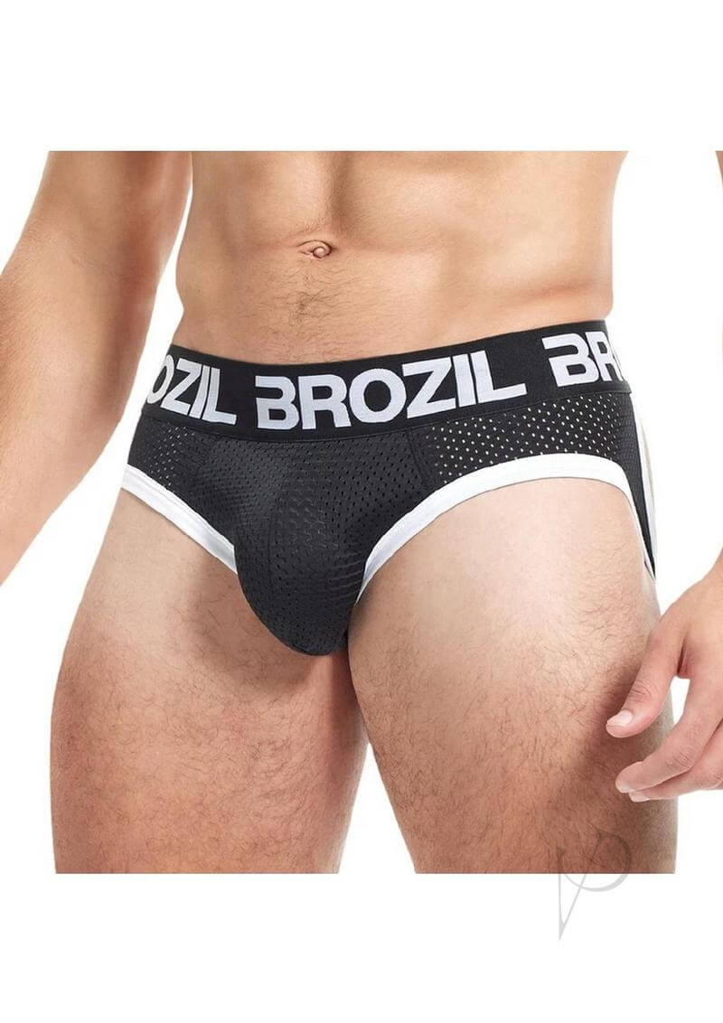 Brozil Ultra Sports Mesh Bulge Brief Large XLarge Black shown on a model, highlighting its comfort and design.