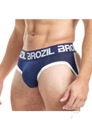 Brozil Ultra Sports Mesh Bulge Brief Blue Large XLarge on a model, showcasing breathable mesh and bulge enhancing design.