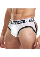 Brozil Ultra Sports Mesh Bulge Brief Large XLarge White displayed on male model, showcasing advanced bulge enhancement technology.
