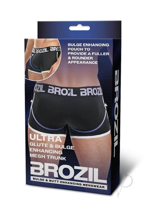 Brozil Ultra Glute and Bulge Enhancing Mesh Trunk S M Black packaging showcasing bulge and glute enhancement features.