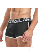 Brozil Ultra Glute and Bulge Enhancing Mesh Trunk S M Black worn by a man, showcasing its stylish design and fit.