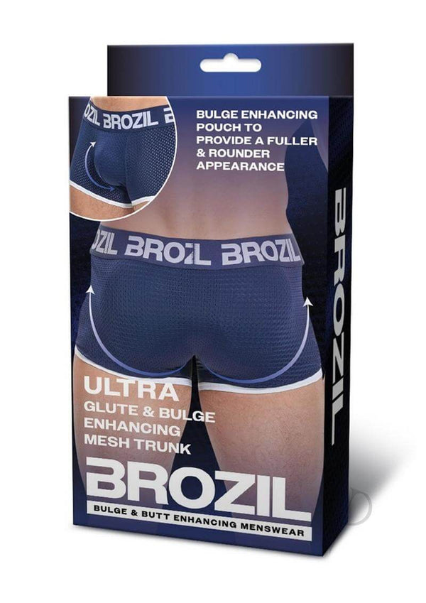 Brozil Ultra Glute and Bulge Mesh Trunk Blue Small Medium packaging showcasing bulge enhancing features.