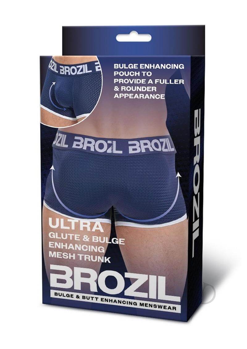 Brozil Ultra Glute and Bulge Mesh Trunk Blue Small Medium packaging showcasing bulge enhancing features.