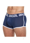 Brozil Ultra Glute and Bulge Mesh Trunk Blue Small Medium displayed on a model showcasing its supportive design.