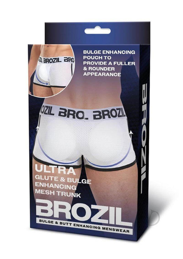 Brozil Ultra Glute and Bulge Enhancing Mesh Trunk L XL White packaging showcasing bulge enhancing features.