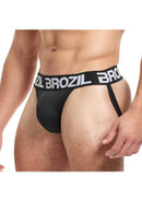 Brozil Ultra Bulge Enhancing Jockstrap Small Medium Black displayed on a male model showcasing comfortable design and support.