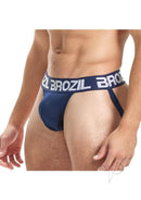 Brozil Ultra Bulge Enhancing Jockstrap Large XLarge Blue displayed on model, highlighting support and enhancement features.