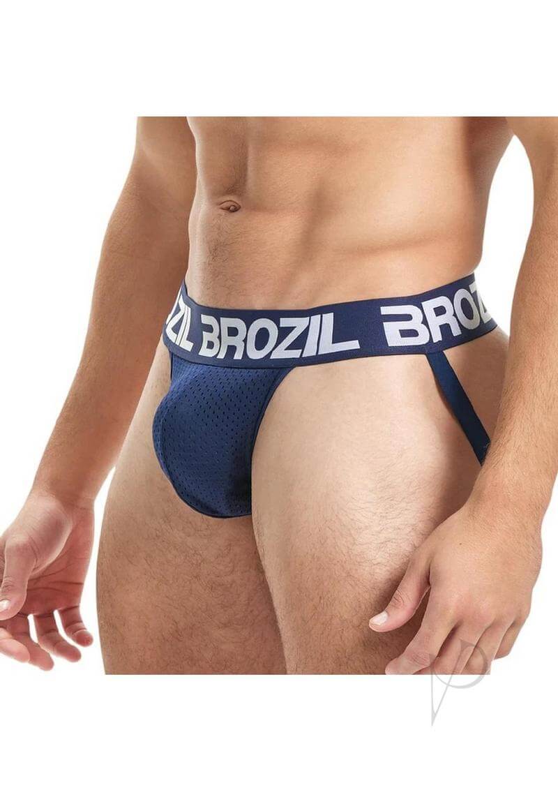 Brozil Ultra Bulge Enhancing Jockstrap Large XLarge Blue displayed on model, highlighting support and enhancement features.