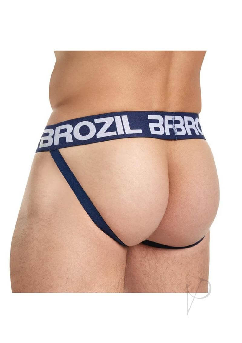 Brozil Ultra Bulge Enhancing Jockstrap Blue Small Medium on model highlighting comfort and support.