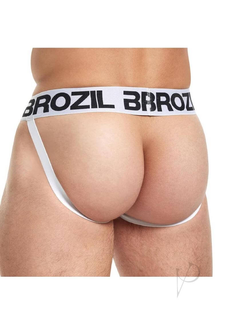 Brozil Ultra Bulge Enhancing Jockstrap White Large XLarge showcasing the back view and logo details.