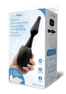 AquaClean 150ML One Way Valve Douche with Butt Plug Nozzle in packaging, highlighting its easy-to-use design.
