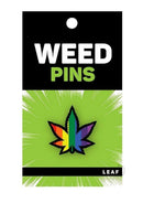 Marijuana Leaf Rainbow Enamel Pin Multicolor displayed on packaging with vibrant colors and playful design for 420 pride.