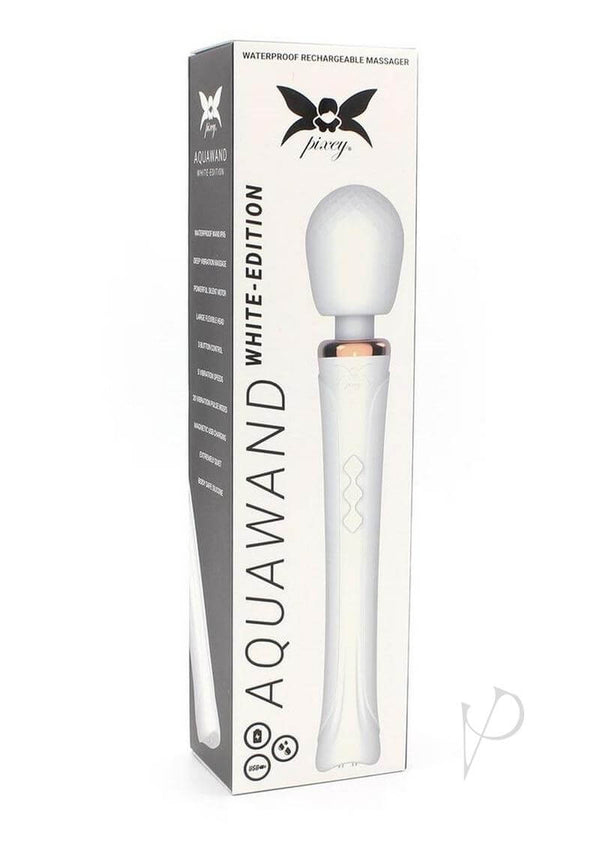Pixey Aquawand Rechargeable Silicone Body Wand White Edition packaging featuring a waterproof design and rotary speed control.