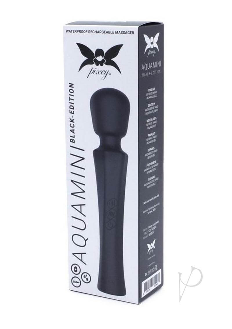 Pixey Aquamini Rechargeable Silicone Body Wand Black Edition packaging showcasing its elegant design and features.