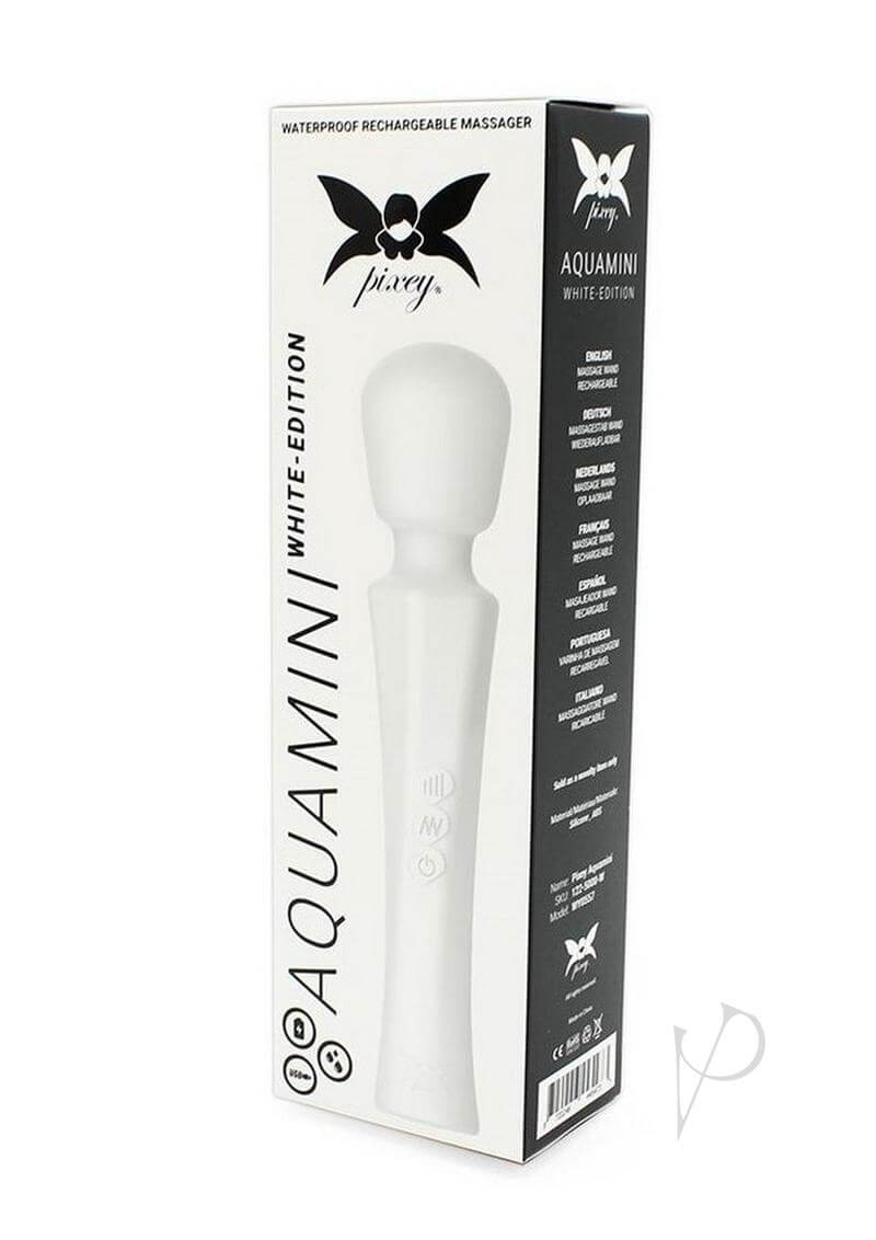 Pixey Aquamini Rechargeable Silicone Body Wand White Edition packaging with waterproof design and control features.
