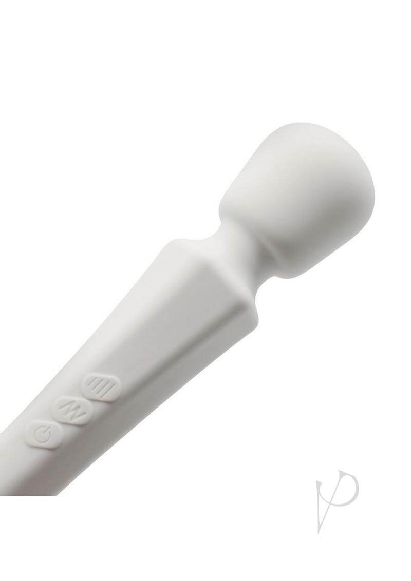 Pixey Aquamini Rechargeable Silicone Body Wand White Edition close-up view showing control buttons and design.