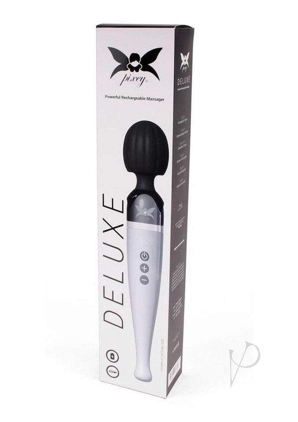 Pixey Deluxe Rechargeable Wand Silver in elegant packaging, showcasing powerful full-body massager features.