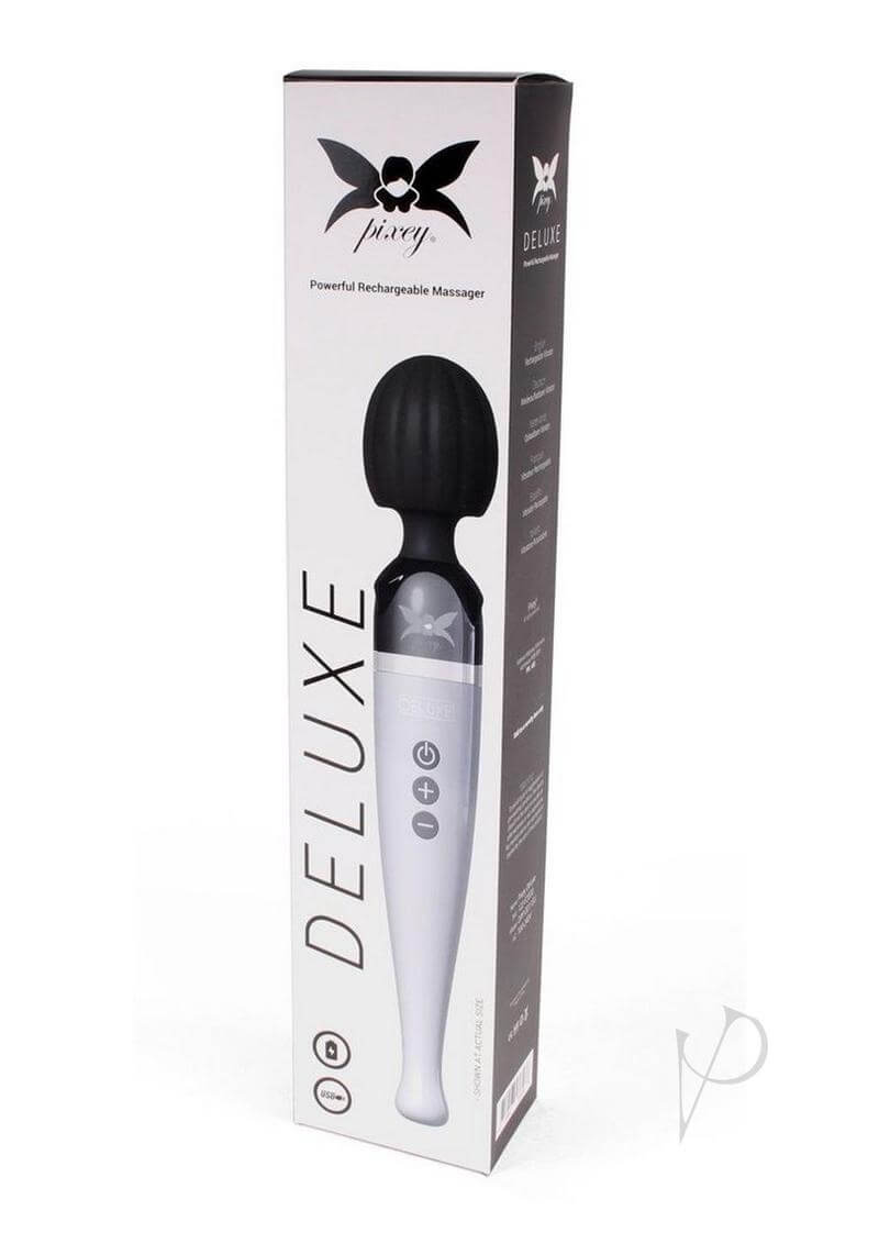 Pixey Deluxe Rechargeable Wand Silver in elegant packaging, showcasing powerful full-body massager features.