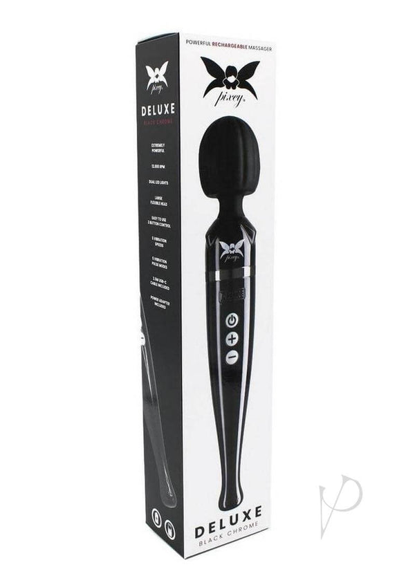 Pixey Deluxe Rechargeable Wand Black Chrome packaging showcasing its stylish design and features.