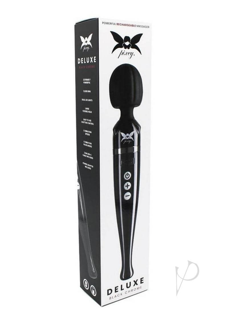 Pixey Deluxe Rechargeable Wand Black Chrome packaging showcasing its stylish design and features.